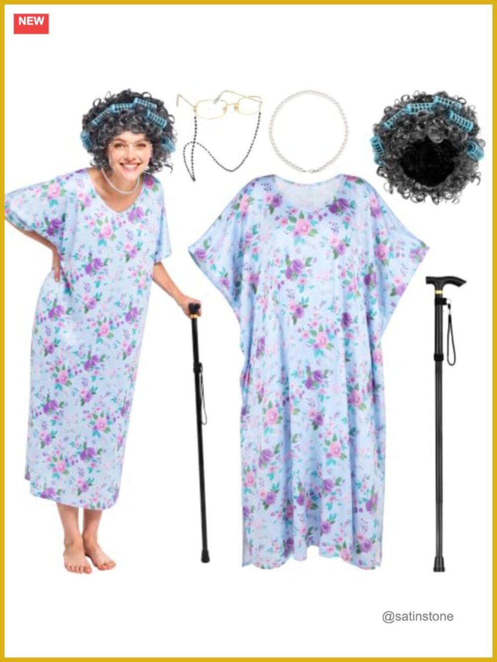Old Lady Costume Kit Nightgown Wig Glasses Cane Grandma Dress